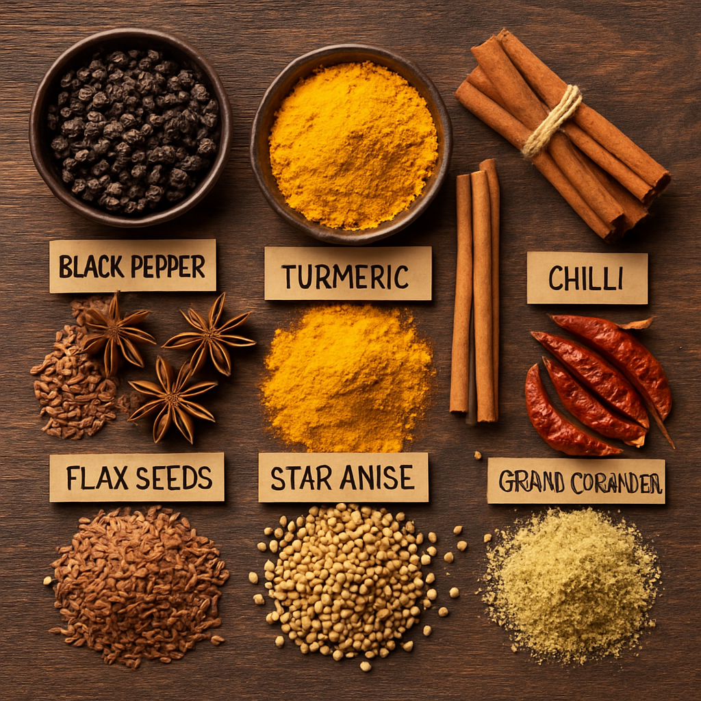 Assorted Kerala spices in bowls